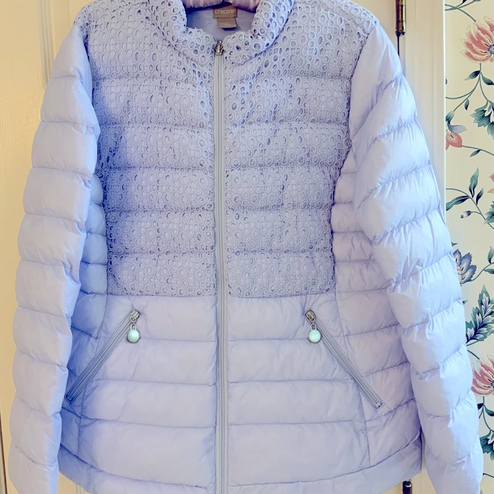CHICO’S Size 2 JACKET PUFFER INDIGO ICE, EUC! Outerwear PACKABLE, Light Blue